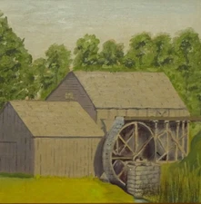 Naive Gray Barn Landscape Oil Painting Board Rustic Frame Water Wheel 14.5x11.5