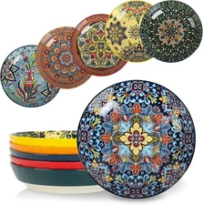 Set Of 6 Large Pasta Ceramic Bowls Shallow Serving Salad 30 Oz Colorful