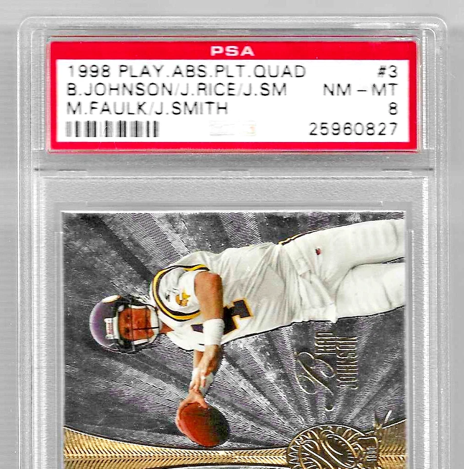 Playoff Absolute Platinum Quads 1998 3 Hof Jerry Rice Marshall Faulk PSA 8 POP 1 Foto 2 de 4