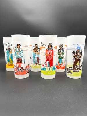 1959 Knox Oil A.C. Blue Eagle Oklahoma Indians Glasses Set 6 Rare
