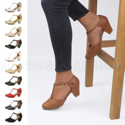 Damenschuhe niedriger mittelhoher Blockabsatz Smart Work Mary Jane T-Steg Brogue-Pumps
