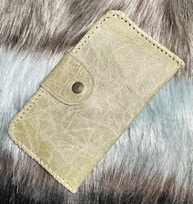 Beige Leather Bifold Folding Wallet with Snap Button & Stitched Accents