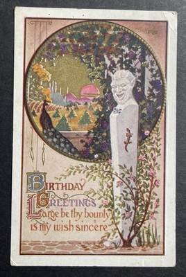 Birthday Greetings Gargoyle-Obelisk fantasy backfield printed artist C Derwood