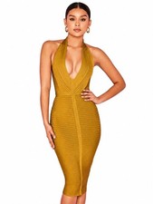 House of CB Verbena Mustard Rib Bandage Halter Midi Dress XS
