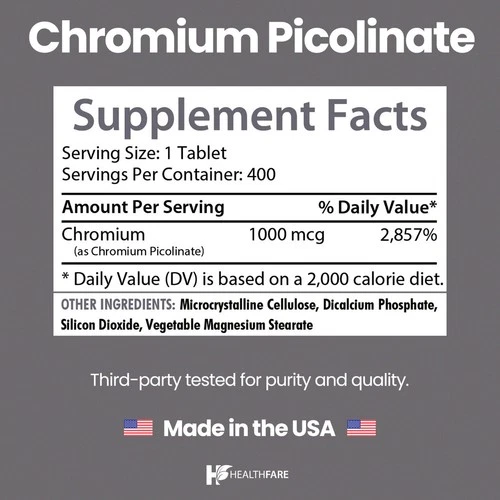 HealthFare Chromium Picolinate 1000mcg, 400 Tabs, Support Carbohydrate Breakdown