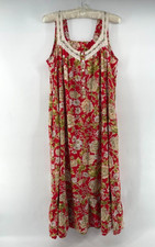 Vtg Nightgown XL Red Floral Cottage Victorian Edwardian Coquette Grandma Crochet