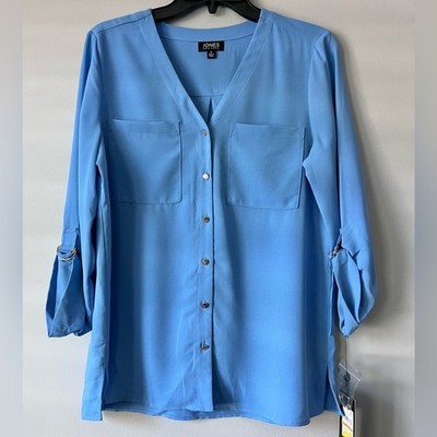Jones New York Women's Jasper Roll-Cuff Blouse Blue Horizon Size Small