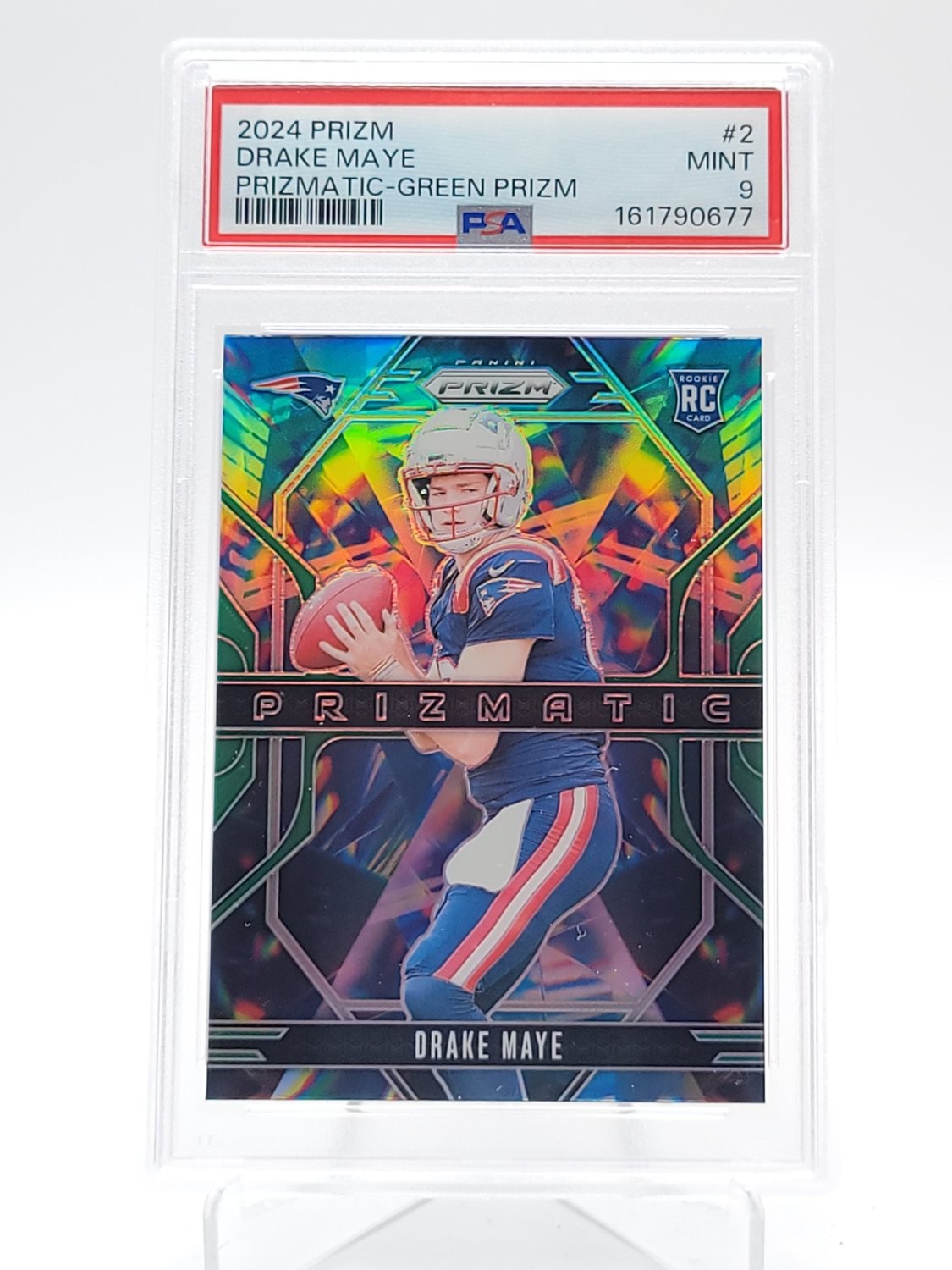 DRAKE MAYE 2024 PANINI PRIZM PRIZMATIC GREEN ROOKIE RC #2 PATRIOTS PSA 9 Q4320