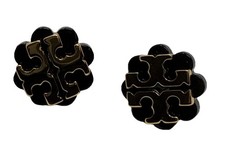 Tory Burch Signature Logo Flower Resin Stud Earrings Black Gold
