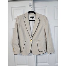 Ann Taylor Linen Blend Nautical Blazer Beige Navy Piping Gold Buttons Size 8