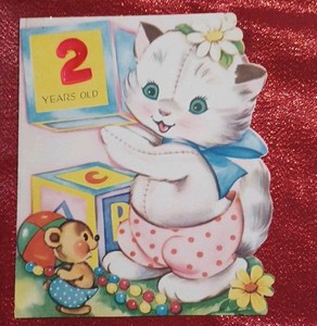 Novelty Vntg. 2 Yr Old Kitten Birthday Card. Pop Out Inside.
