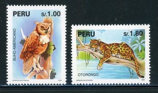 PERU MNH Selections: Scott #1109 1110 Owl Jaguar Wildlife FAUNA CV$8