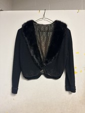 Vintage Black Wool Beaded Cardigan w/ Real Fur Collar   Lace Lining