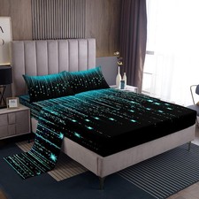Abstract Ombre Bed Sheets Teal Black Teens Sheet Set for Boys Girls Women Kid...