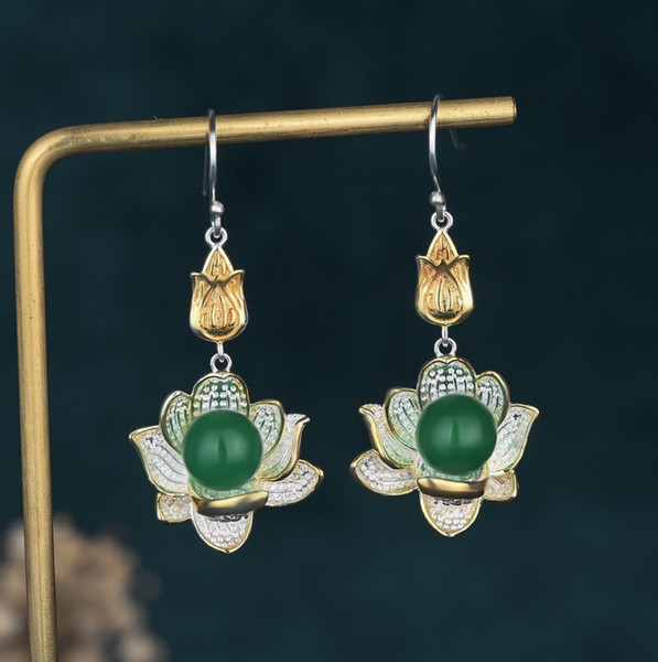 Alternate view of Jade Drop Dangle Earrings Lotus Flower Gemstone Boho 18k White Gold Plated