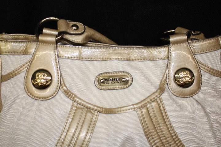 KATHY VAN ZEELAND 象牙色帆布和专利棕色 XL 单肩包 带双手柄-B130 — 第 3/4 张图片