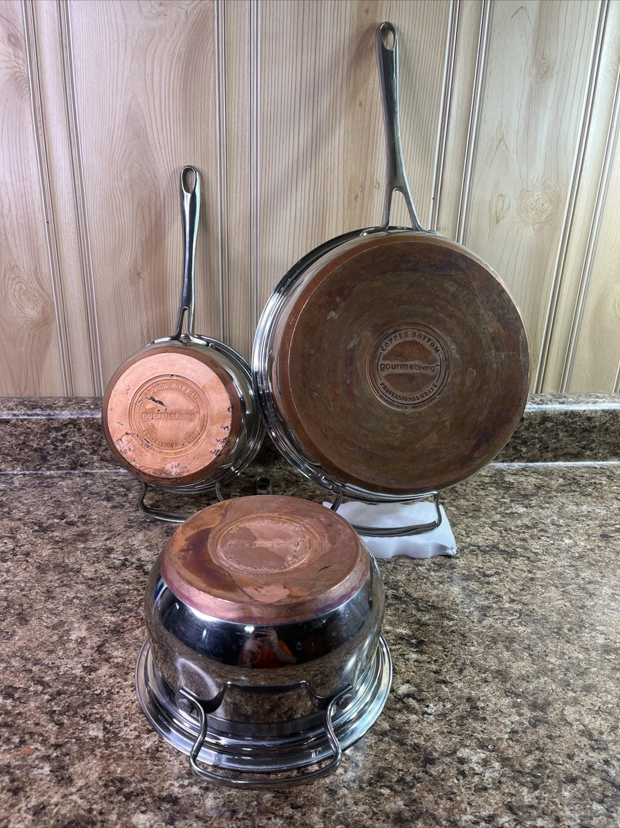 Gourmet Living 10 Copper Bottom Skillet Frying Pan & Sauce Pans Lot