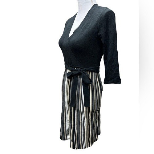 Studio 1 Striped Black Gray Tan Cream Skirt Belted Sweater Dress Size SM NWT - Picture 3 of 9