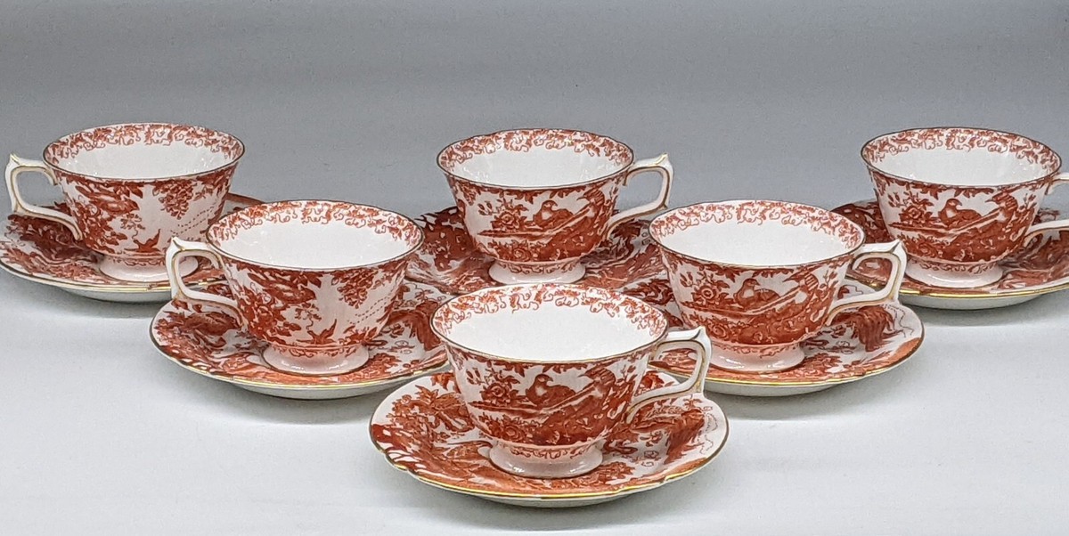 SET 6 Red Aves by Royal Crown Derby BONE CHINA England footed cups