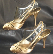 Stuart Weitzman women's gold satin fabric slingbacks sandal shoes size US 8M