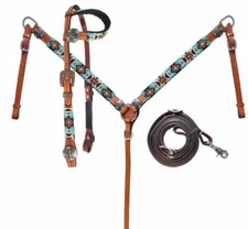 Western Horse Teal/Orange Hand Beaded Leather Tack Set Headstall w/Breast Collar