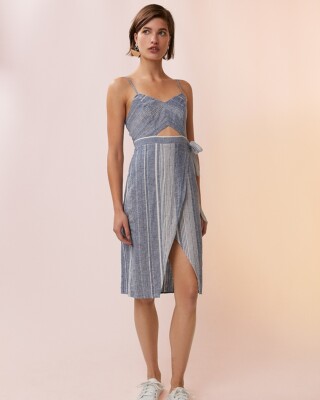 chinese dress ladies Coastal Breeze Linen-Blend Stripe Midi Dress