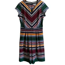 Shelby & Palmer Dress SIZE 10 Striped Fit & Flare Multi Color V Neck Career Wear