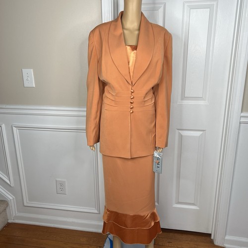 GMI Polyester Skirt Suit Pant 14 Faded Tangerine Ruffle Shawl Collar 3PC New - Picture 3 of 11
