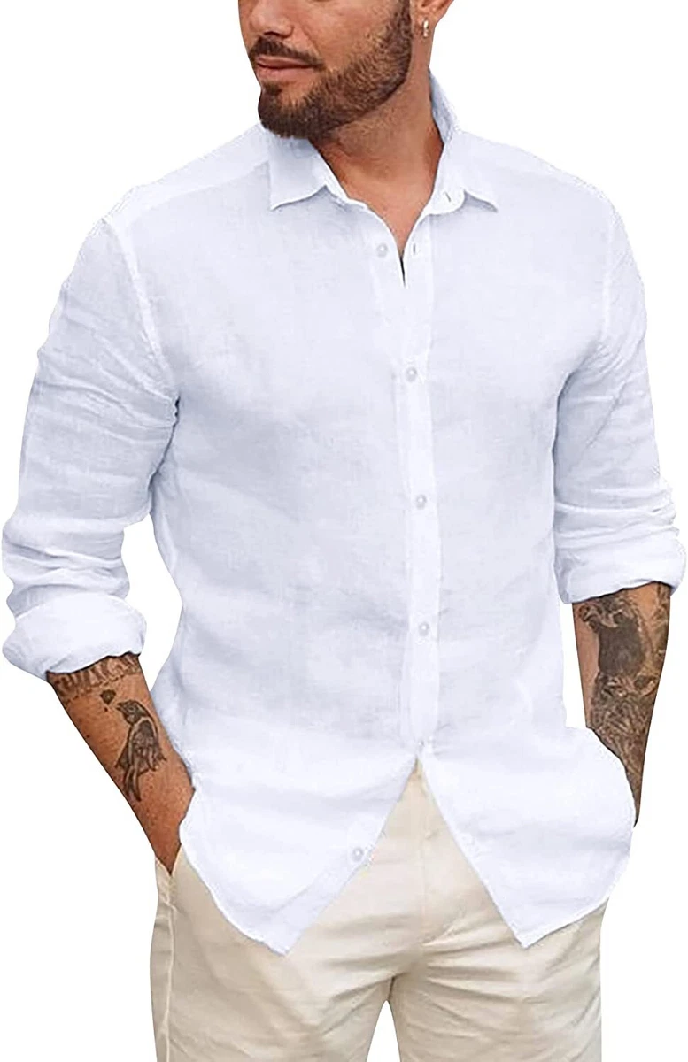 Mens Button Up Shirts Long Sleeve Linen Beach Casual Cotton Summer  Lightweight T