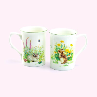 Grace Teaware Flower Brown Bunny & Flower White Bunny Bone China Assorted Mugs