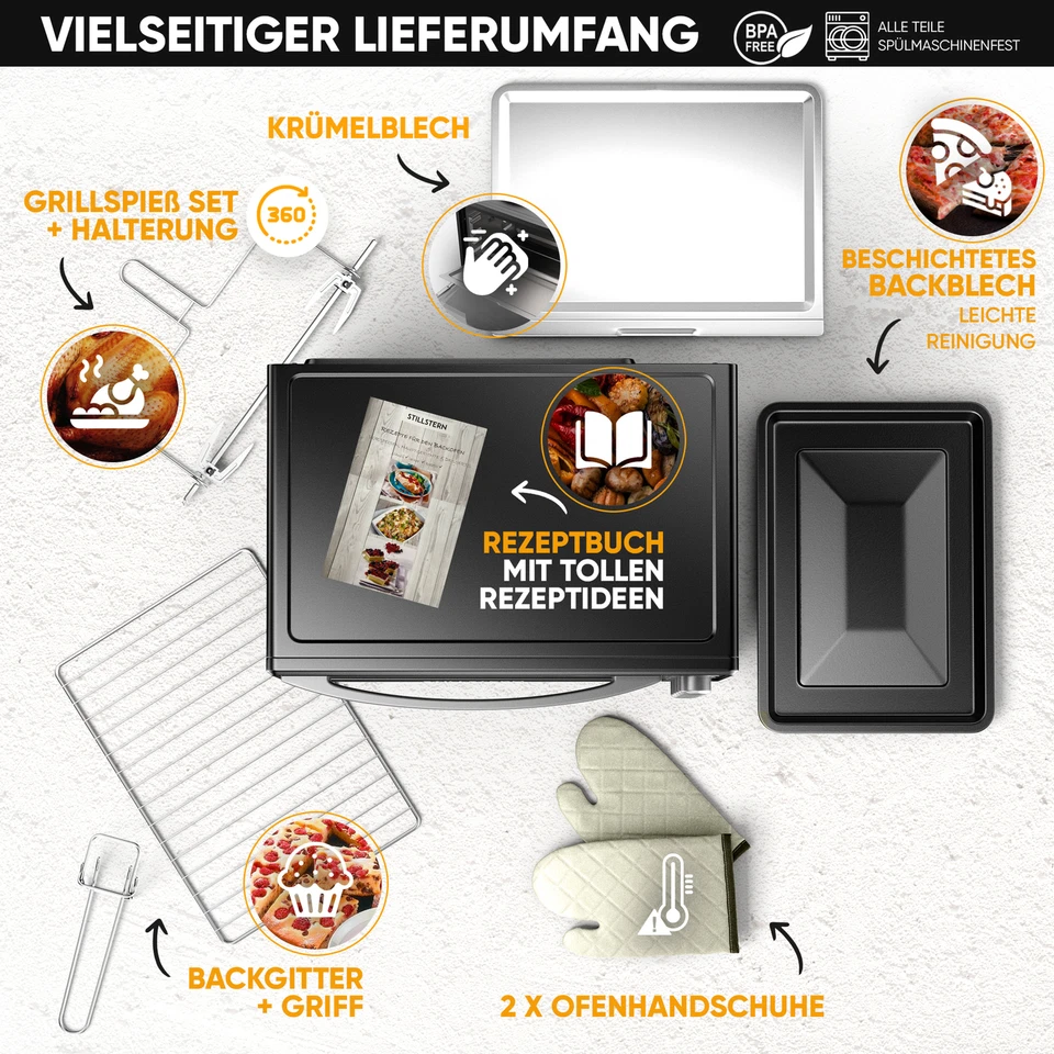 B-Ware Minibackofen mit Umluft 45L Timer Drehspieß Mini Backofen Pizzaofen - Bild 2 von 4