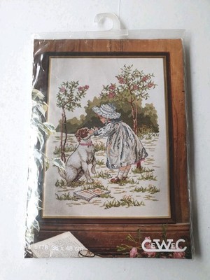 Cewec Mädchen und Hund Nostalgie Szene Vintage Kreuzstich Set 36 x 48 cm
