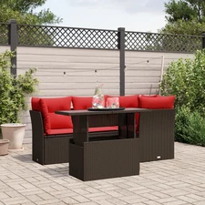 5 Piece Garden Sofa Set with Cushions Brown Poly Rattan