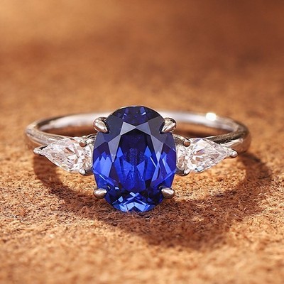 Certified 1.5ct Lab Grown Blue Sapphire Diamond Ring, 18K Gold Vermeil Classic