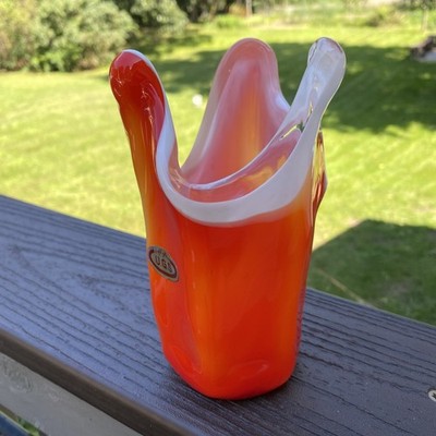 Vintage UGS Japan Orange Red & White Slag-Glass Swing 6'' Abstract Vase W Tag