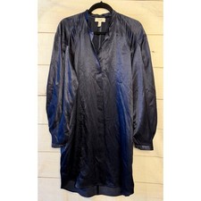 COS Navy Blue Satin Mandarin Collar Button Up Long Sleeve Midi Dress Size 6