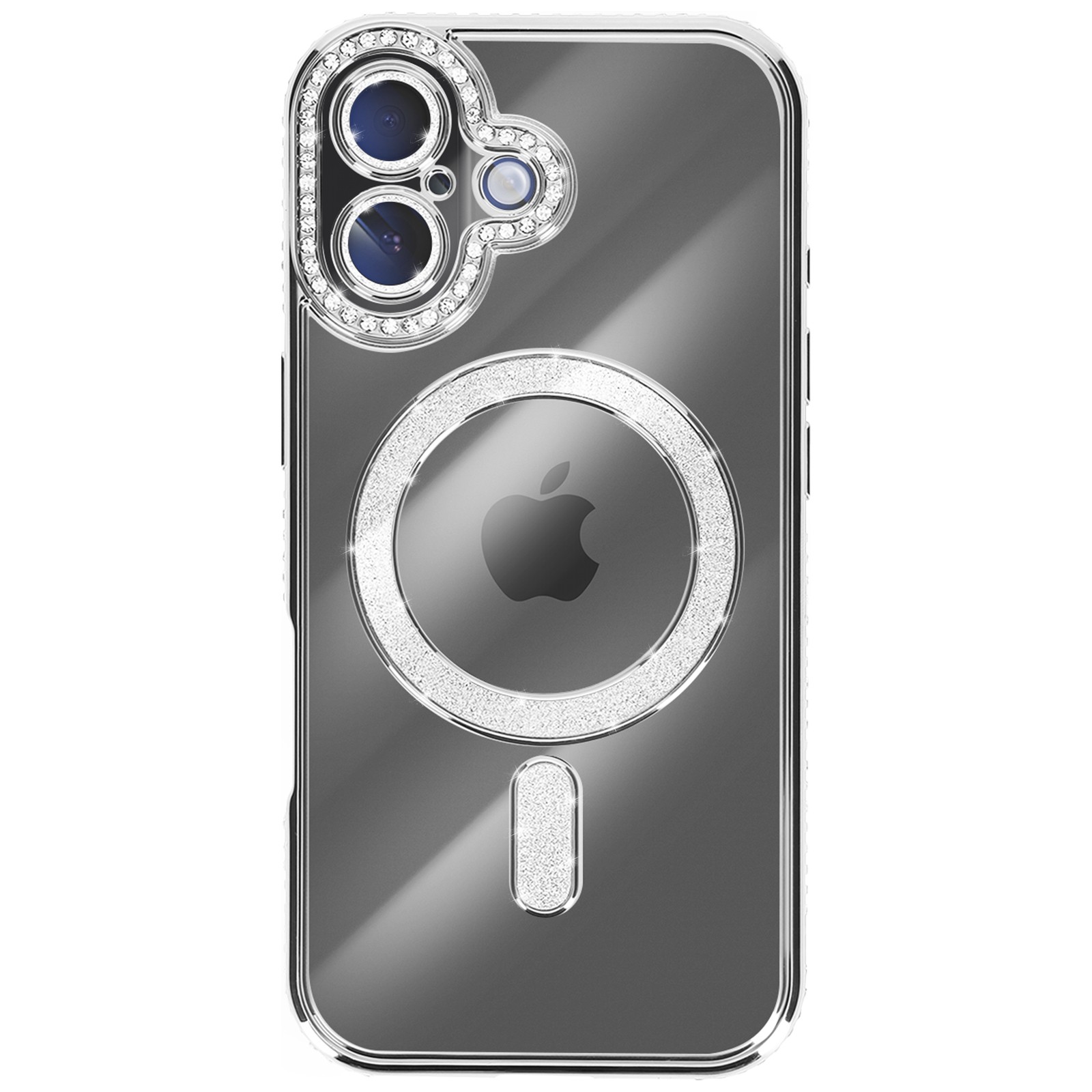 Coque iPhone 17 argent compatible antichoc et protection arrière transparente à strass