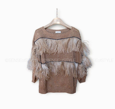 Brunello Cucinelli Sweater Feathers Top Brown Pullover Women Monili S