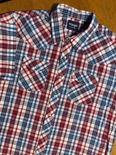 Wrangler Western Snap Shirt Men XXL Red Blue Plaid Pearl Snaps Short Sleeve