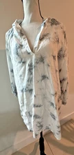 C & C California Womens Plus 1X Gray White 100% Linen Hooded Top Shirt Cover Up