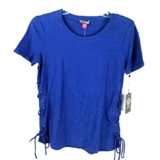 Vince Camuto Side Lace Up Short Sleeve Slub Top Womens Size XXS Blue NWT