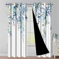Blue and Green Eucalyptus Blackout Curtains, Spring Leaves with Floral Window...