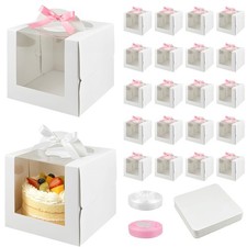 20 PCS White Cake Boxes With Handles Clear Window 6x6x6 Inch Bakery Ribbon