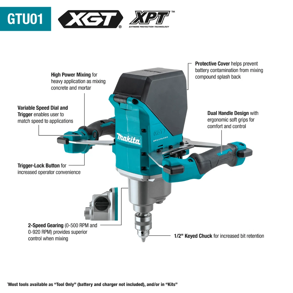 Makita GTU01Z 40V max XGT mezclador inalámbrico sin escobillas 1/2" (solo herramienta) Foto 2 de 4