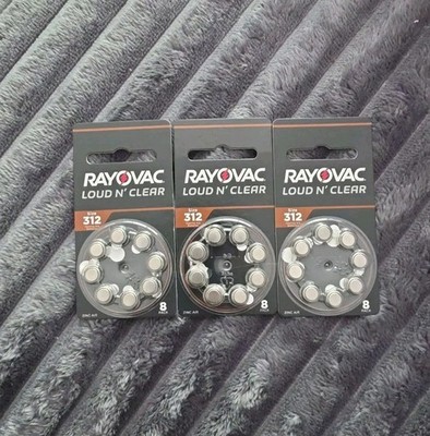 (24) RAYOVAC LOUD N CLEAR 312 HEARING AID BATTERIES 312LC-8A 9/2026  3-8 PACKS