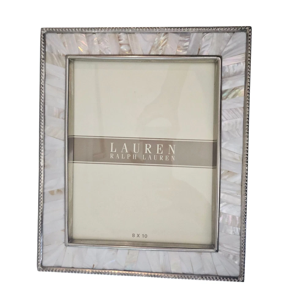 Impresionante marco de fotos vintage Ralph Lauren 8x10 incrustación plateada madreperla Foto 2 de 4