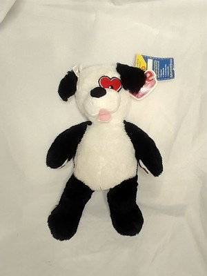 BUILD A BEAR Black White Puppy Dog Red Heart Eye Patch Red Hearts Plush 16''