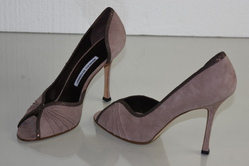 Nuevo Manolo Blahnik Serpiente Recortar Beige Marrón Ante Deci Zapatos Peep Toe - Imagen 3 de 11
