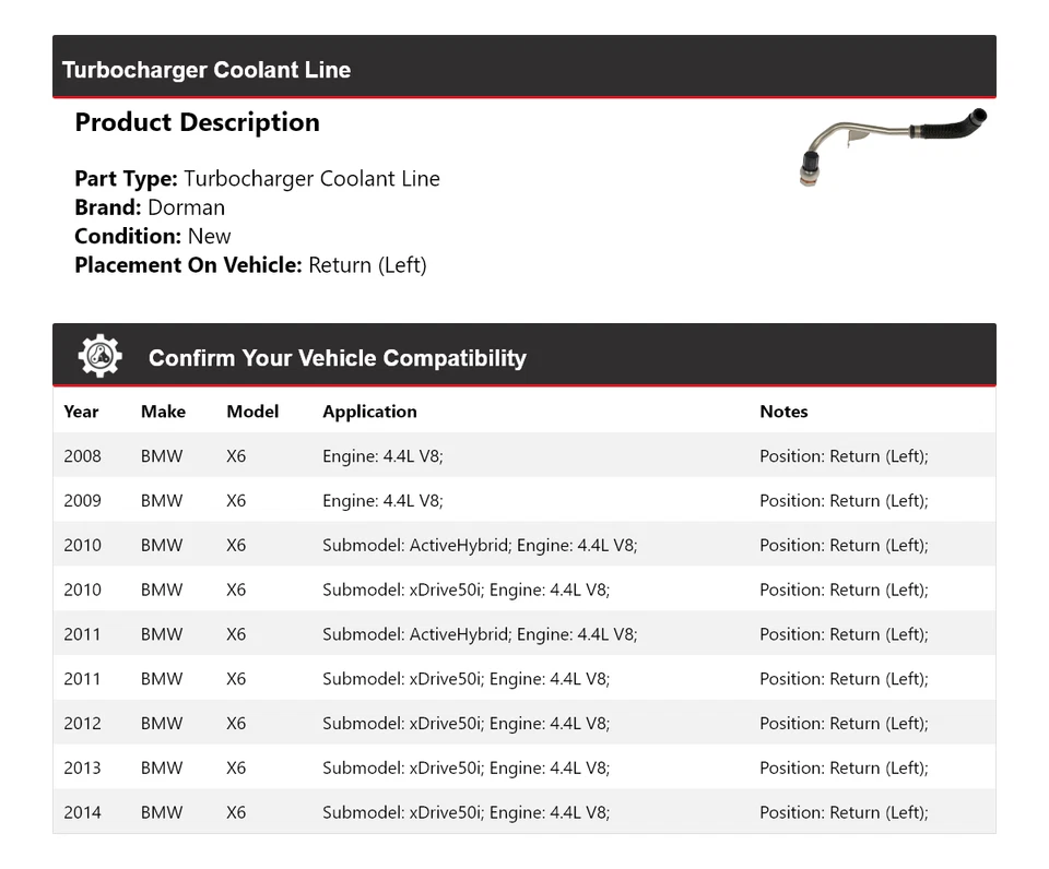 Para 2008-2014 BMW X6 4.4L V8 Dorman turbocompressor linha de arrefecimento retorno (esquerda) - Imagem 2 de 4