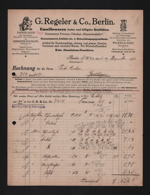 BERLIN, Rechnung 1913, G. Regeler & Co. Emaillewaren